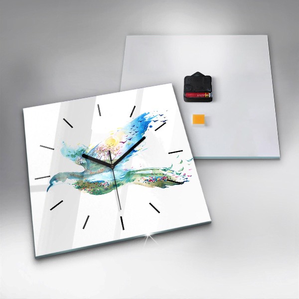 Skleněné hodiny čtvercové Abstrakce ptáka a jara