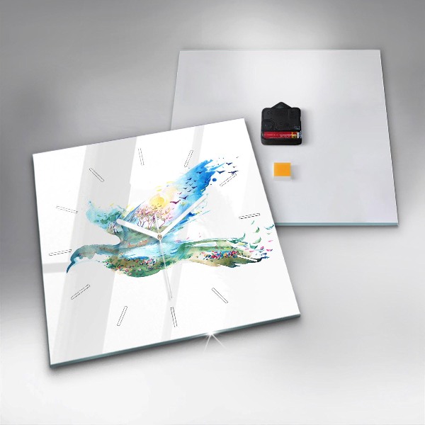 Skleněné hodiny čtvercové Abstrakce ptáka a jara