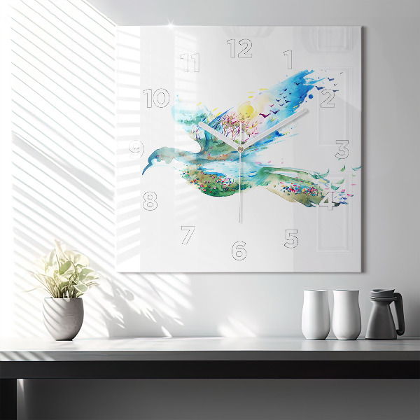 Skleněné hodiny čtvercové Abstrakce ptáka a jara