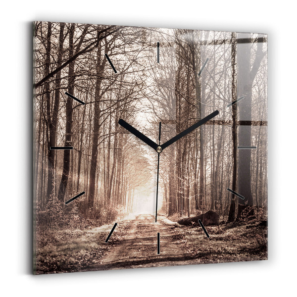 Skleněné hodiny čtvercové Lesní cesta v sépiové barvě