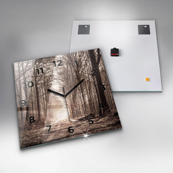 Skleněné hodiny čtvercové Lesní cesta v sépiové barvě