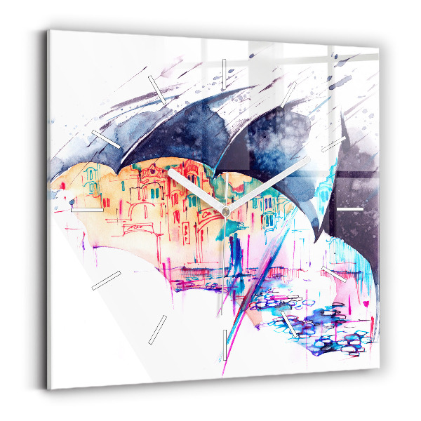 Skleněné hodiny čtvercové Deštník a město