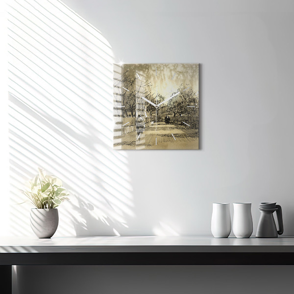 Skleněné hodiny čtvercové Park a stromy v sépiové barvě