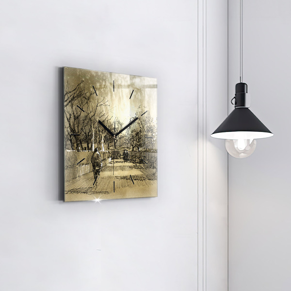 Skleněné hodiny čtvercové Park a stromy v sépiové barvě