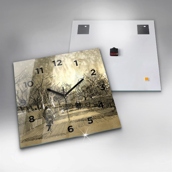 Skleněné hodiny čtvercové Park a stromy v sépiové barvě