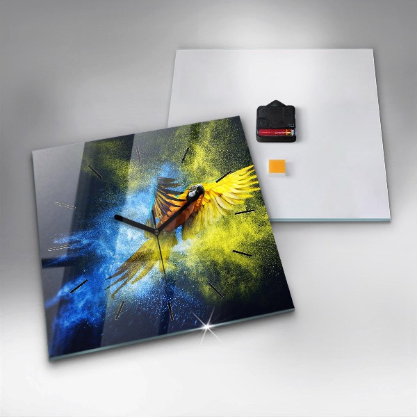 Čtvercové nástěnné hodiny Barevný papoušek