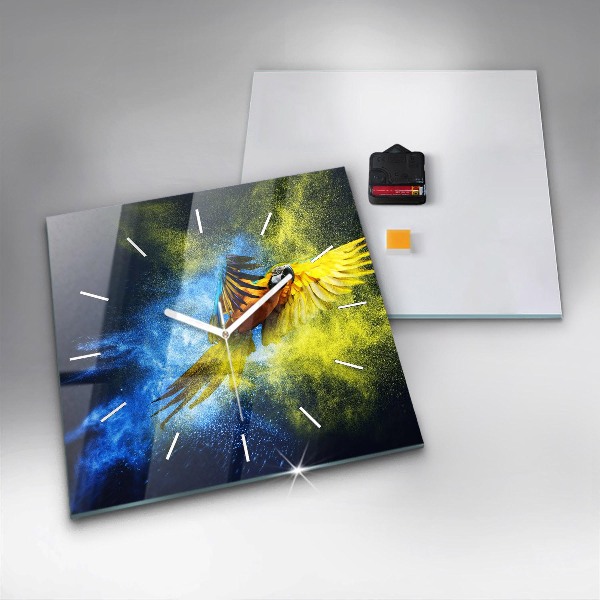 Čtvercové nástěnné hodiny Barevný papoušek