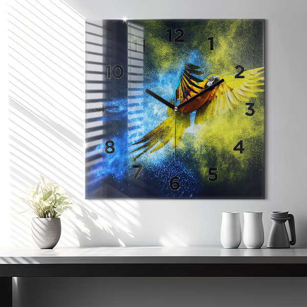 Čtvercové nástěnné hodiny Barevný papoušek