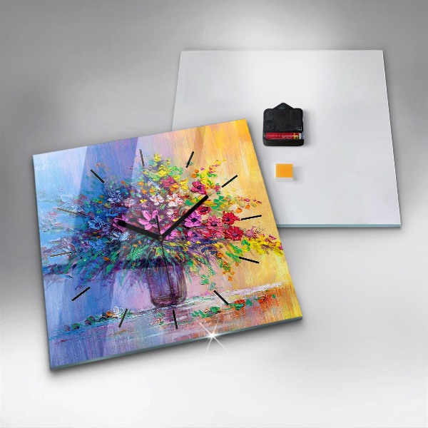 Čtvercové nástěnné hodiny Květiny ve váze