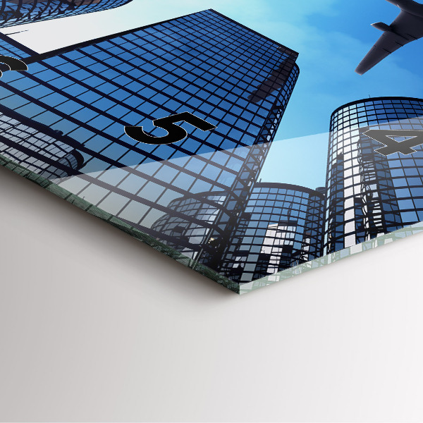 Skleněné hodiny čtvercové Letadlo nad budovami