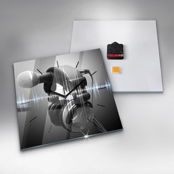 Skleněné hodiny čtvercové Mikrofon a sluchátka