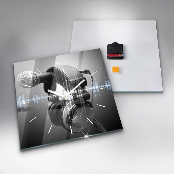 Skleněné hodiny čtvercové Mikrofon a sluchátka