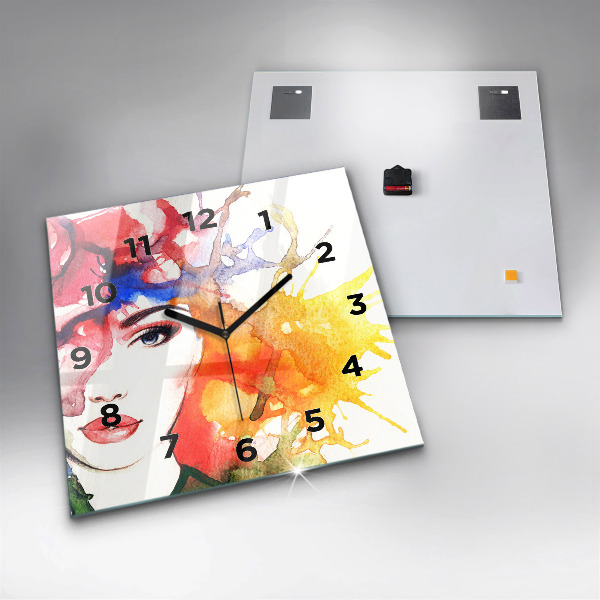 Skleněné hodiny čtvercové Barevný portrét ženy