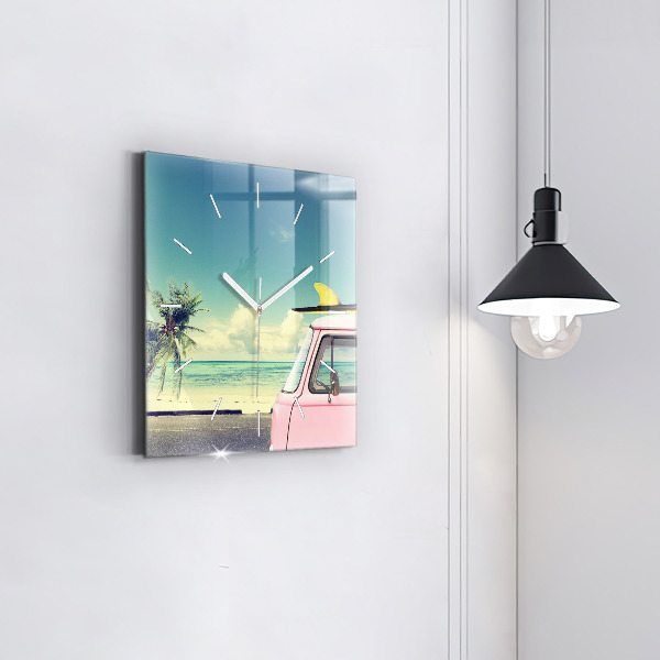 Skleněné hodiny čtvercové Auto se surfovacím prknem