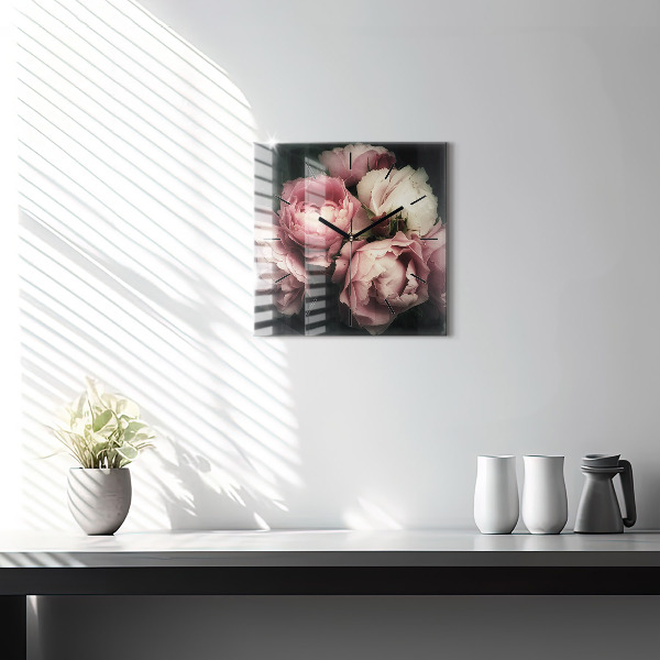 Skleněné hodiny čtvercové Kytice růžových růží