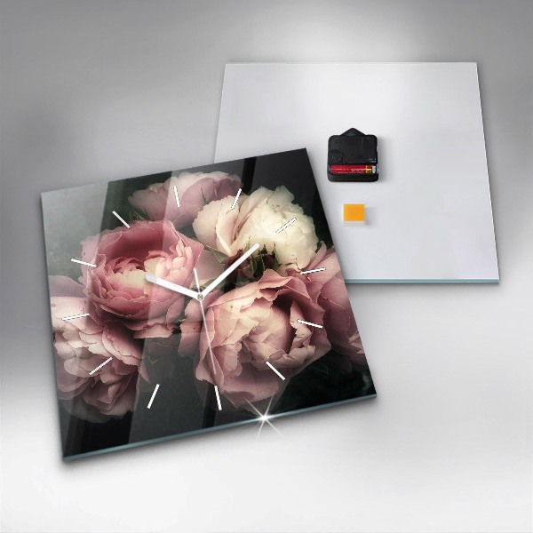 Skleněné hodiny čtvercové Kytice růžových růží