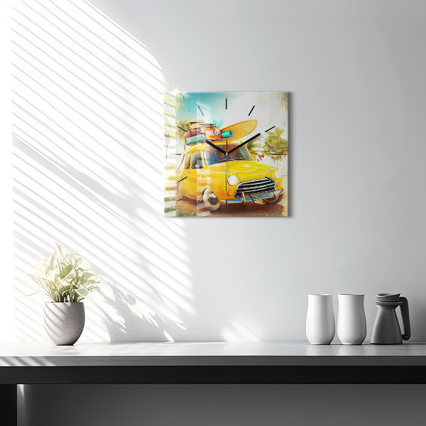 Skleněné hodiny čtvercové Auto se surfovacím prknem