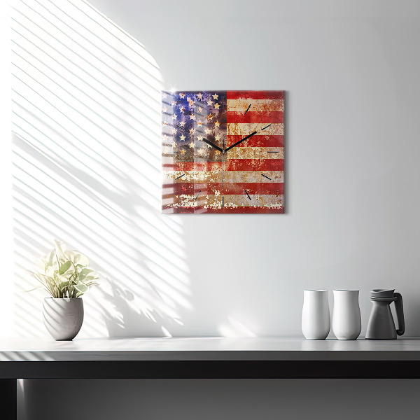 Skleněné hodiny čtvercové Vlajka USA ve vintage stylu