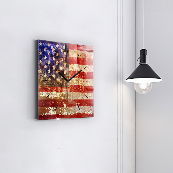 Skleněné hodiny čtvercové Vlajka USA ve vintage stylu