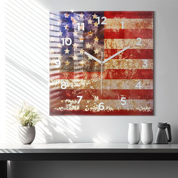 Skleněné hodiny čtvercové Vlajka USA ve vintage stylu