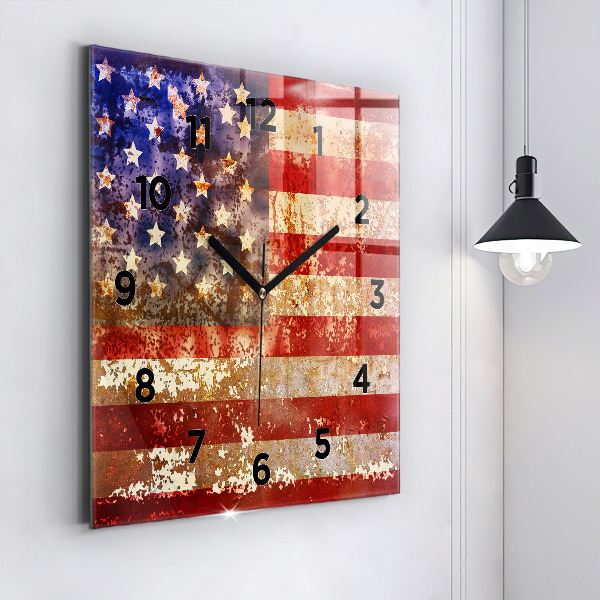 Skleněné hodiny čtvercové Vlajka USA ve vintage stylu