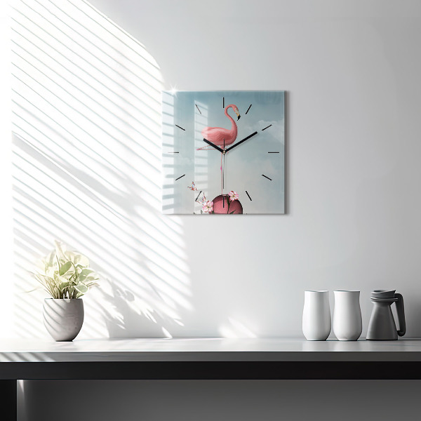 Čtvercové nástěnné hodiny Surrealistický plameňák