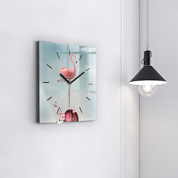 Čtvercové nástěnné hodiny Surrealistický plameňák