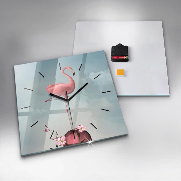 Čtvercové nástěnné hodiny Surrealistický plameňák