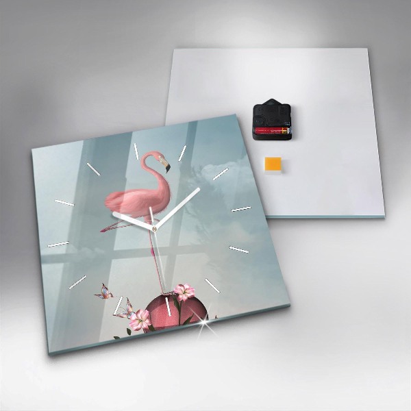 Čtvercové nástěnné hodiny Surrealistický plameňák