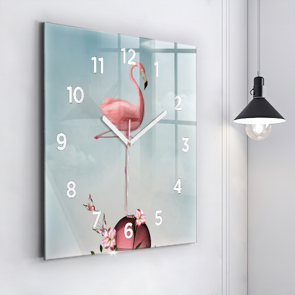 Čtvercové nástěnné hodiny Surrealistický plameňák