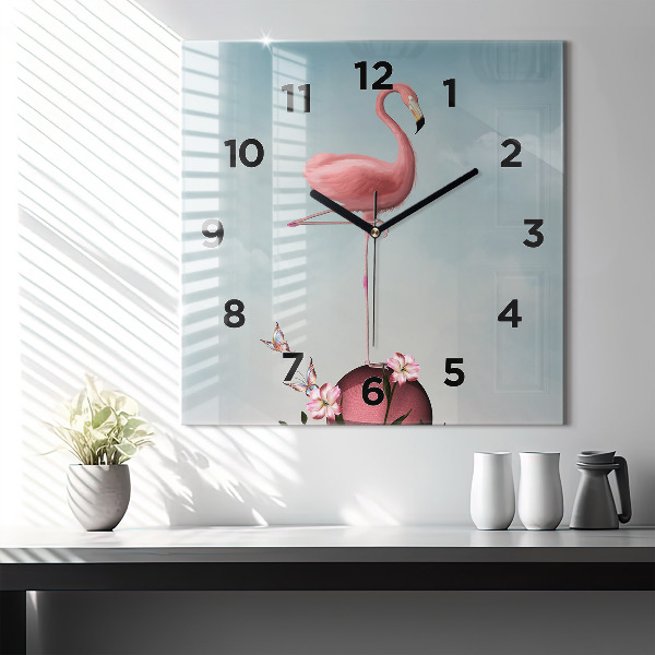 Čtvercové nástěnné hodiny Surrealistický plameňák