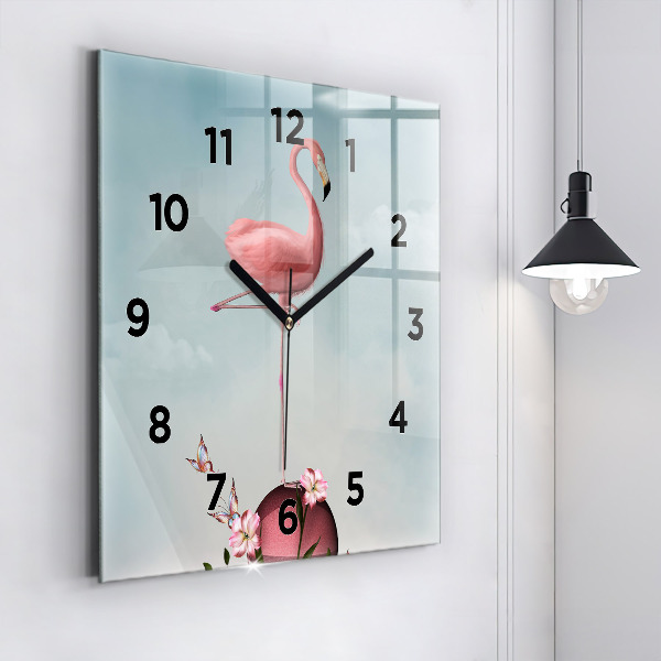 Čtvercové nástěnné hodiny Surrealistický plameňák