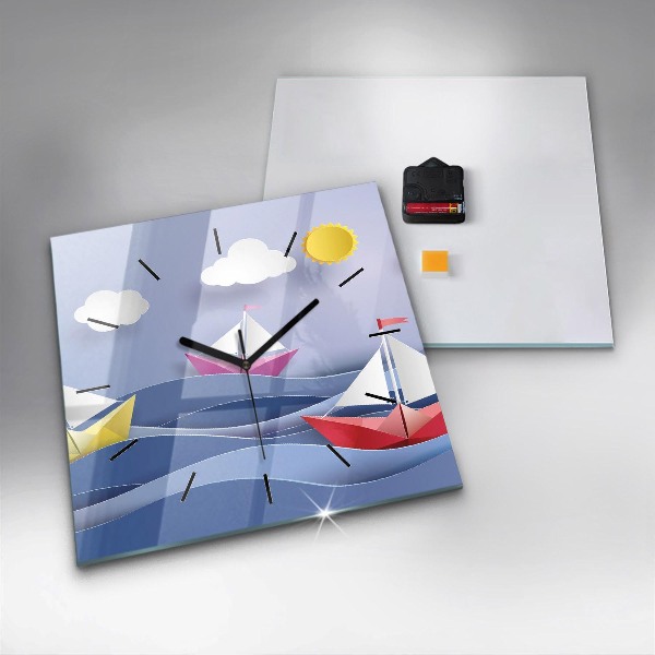 Čtvercové nástěnné hodiny Origami barevné plachetnice
