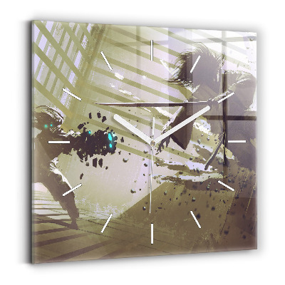 Čtvercové nástěnné hodiny Boj mezi robotem a samurajem