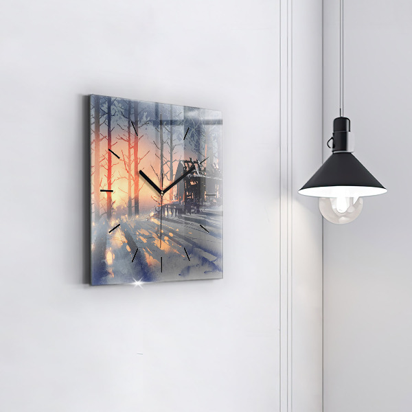 Čtvercové nástěnné hodiny Zimní krajina stromů