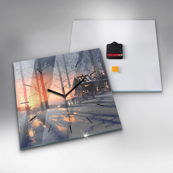 Čtvercové nástěnné hodiny Zimní krajina stromů