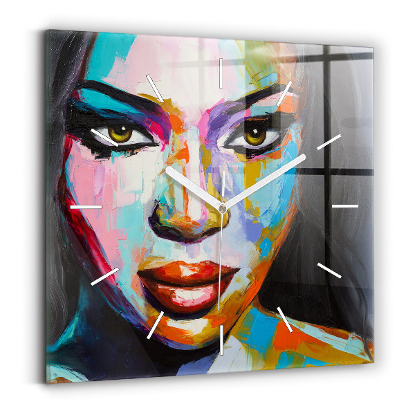 Čtvercové nástěnné hodiny Barevná tvář ženy