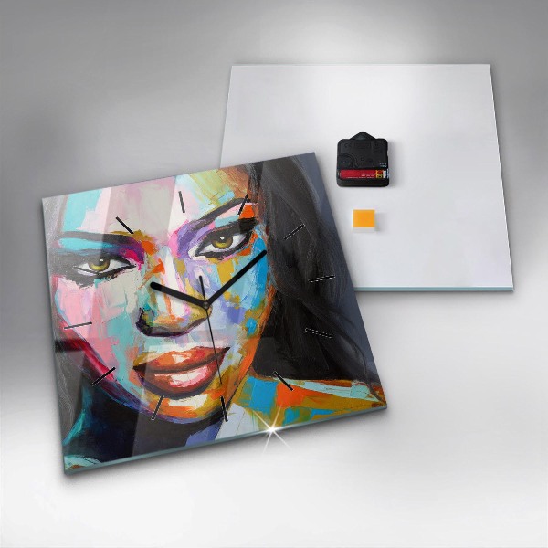 Čtvercové nástěnné hodiny Barevná tvář ženy