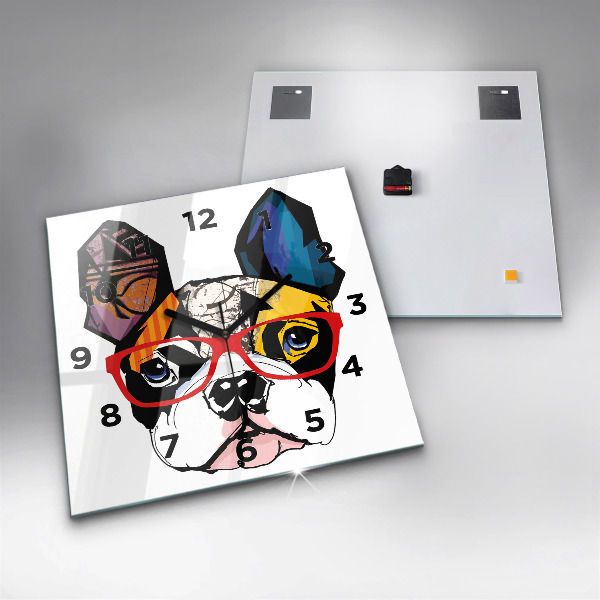 Čtvercové nástěnné hodiny Francouzský buldok s brýlemi