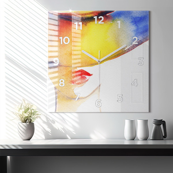 Čtvercové nástěnné hodiny Žena v klobouku