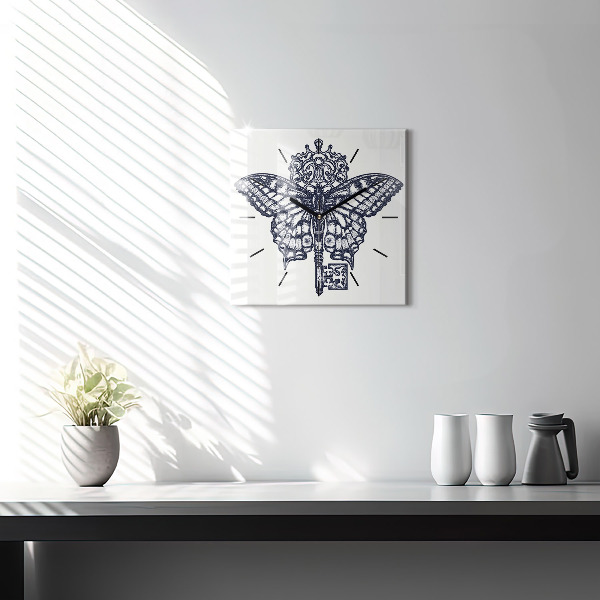 Čtvercové nástěnné hodiny Motýl a klíč - boho styl