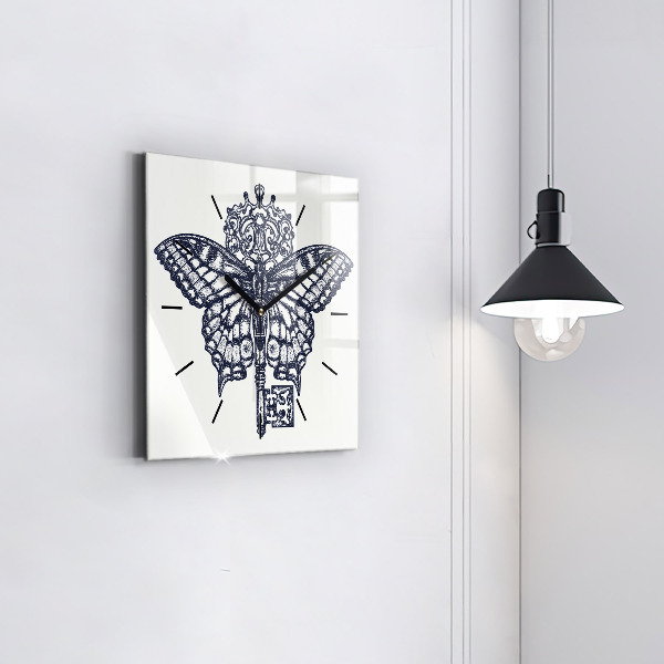 Čtvercové nástěnné hodiny Motýl a klíč - boho styl