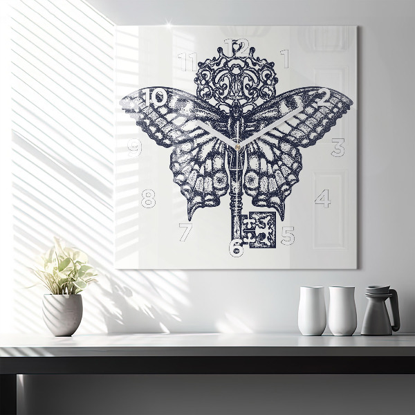 Čtvercové nástěnné hodiny Motýl a klíč - boho styl