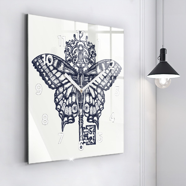 Čtvercové nástěnné hodiny Motýl a klíč - boho styl