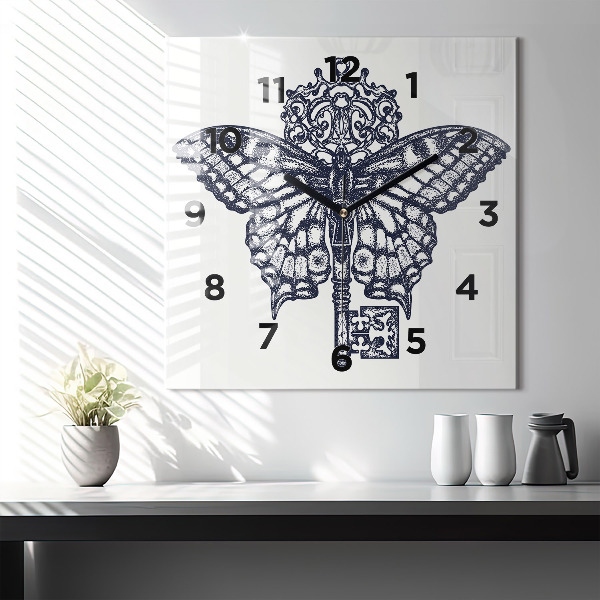 Čtvercové nástěnné hodiny Motýl a klíč - boho styl
