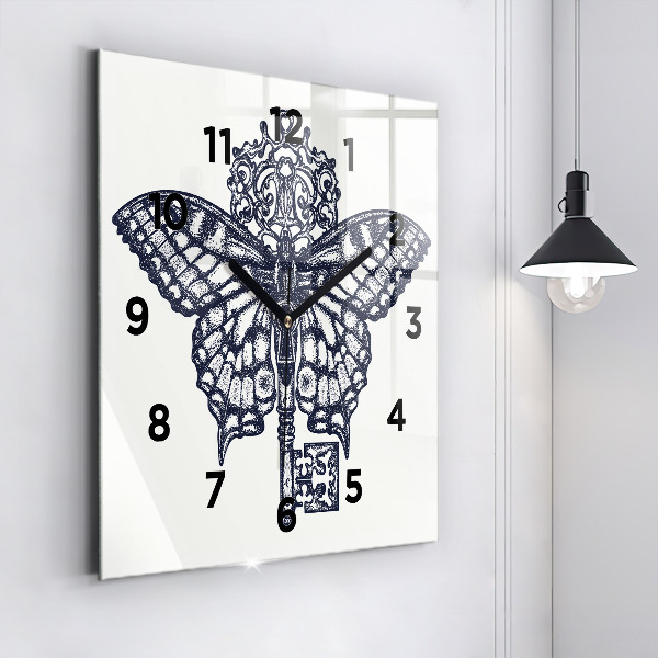 Čtvercové nástěnné hodiny Motýl a klíč - boho styl