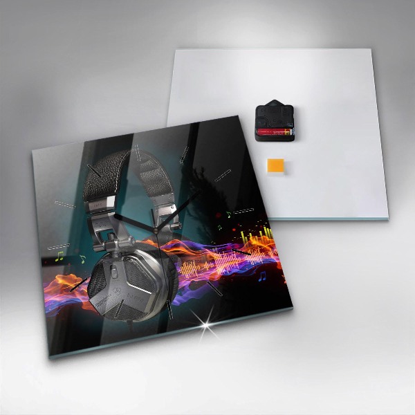 Skleněné hodiny čtvercové Sluchátka a zvukové vlny