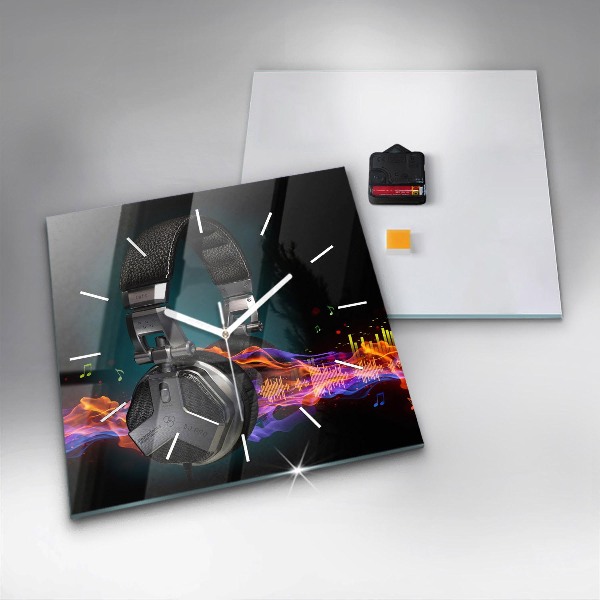 Skleněné hodiny čtvercové Sluchátka a zvukové vlny