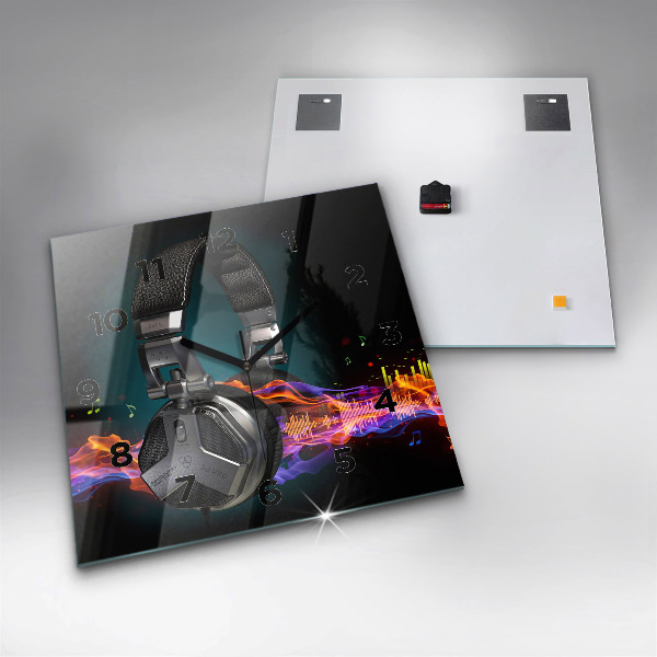 Skleněné hodiny čtvercové Sluchátka a zvukové vlny