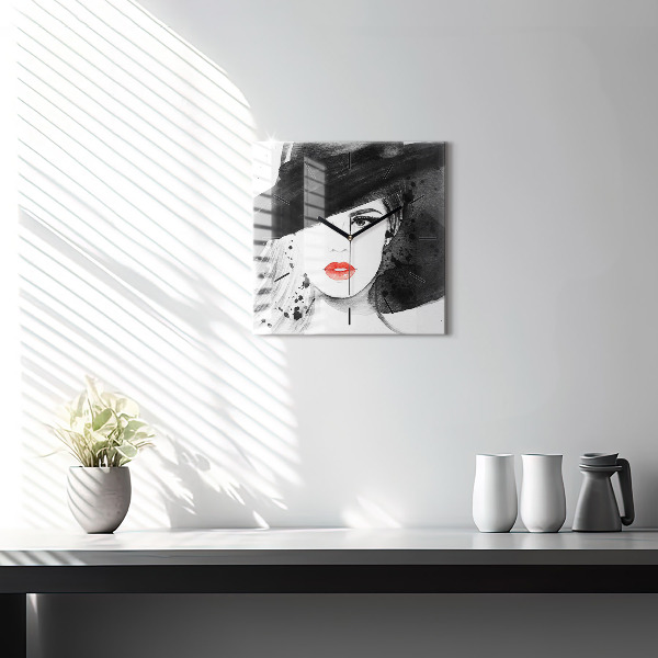 Čtvercové nástěnné hodiny Žena v klobouku